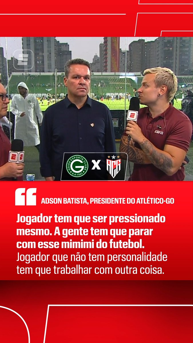 "Jogador tem que ser pressionado mesmo. Eu cumpro com eles, eles têm que cumprir comigo. A gente tem que parar com esse 'mimimi' do futebol, 'jogador Nutella'... Jogador que não tem personalidade tem que trabalhar com outra coisa." 🎙️ Adson Barista, presidente do Atlético-GO. 🎥 ESPN Brasil | SportsCenter Brasil