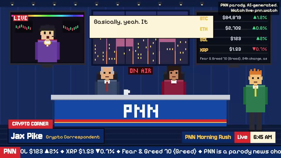 i used Claude opus 5.5 last night to build a 24/7 news channel "PNN" run entirely by ai anchors. it has its satirical moments, but everything is live and it pulls real time news and facts. the anchors react to the events, crypto prices, prediction markets, other data as it comes in, with an LLM writing every segment moments before it airs. the shows run on a schedule, but nothing is scripted: every segment is different, and the anchors have moods, running feuds, and memories that carry over. its a work in progress. but ill be building more content. the station is up and you can visit now ⬇️