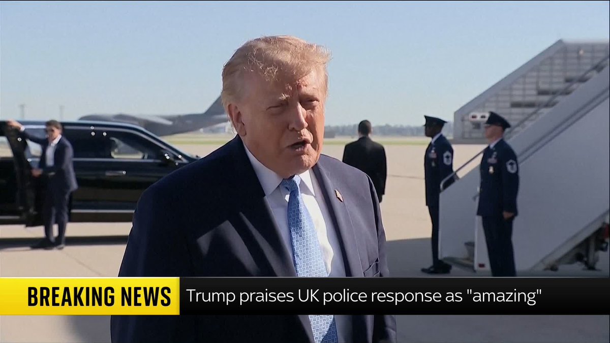 US President Donald Trump hails the arrests of five men in the UK on suspicion of terror offences as "fantastic". He claims the men, who were arrested after suspicious vehicles were seen travelling towards RAF Fairford, were "looking to do big damage".