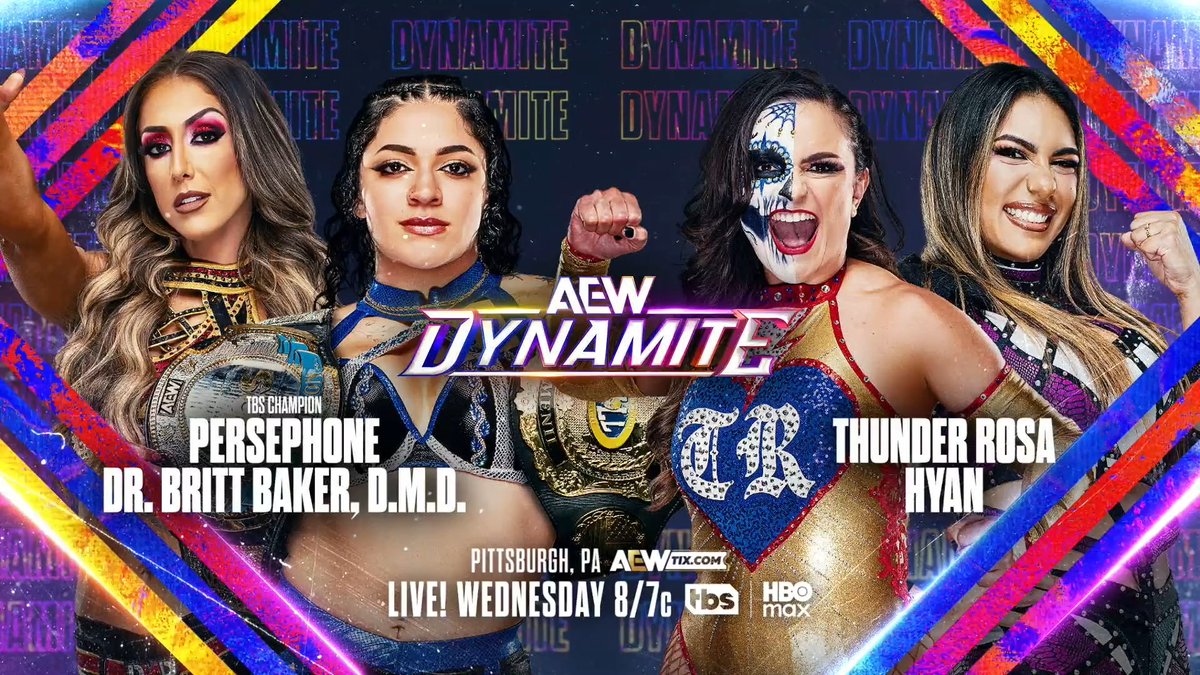 #AEWDynamite, 8/7c TBS & HBO Max, THISWED in Pittsburgh! @ThunderRosa22/HYAN ハイアン vs Persephone/Dr. Britt Baker, D.M.D. After TBS Champion Persephone’s underhanded win vs Hyan with DMD on commentary, Hyan & Thunder challenged Perse & Britt! They’ll fight WEDNESDAY NIGHT!