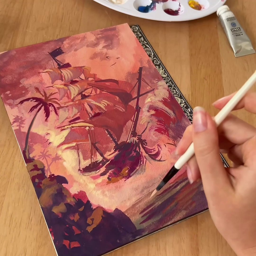 Un coucher de soleil d'Assassin's Creed Black Flag Resynced digne d'une galerie d'art ! 🖌️🌅 KAEVANE ✨ immortalise le Jackdaw dans une œuvre aussi majestueuse que son capitaine. 🏴☠️ Rendez-vous demain pour une nouvelle création dédiée aux 40 ans d'Ubisoft 👀