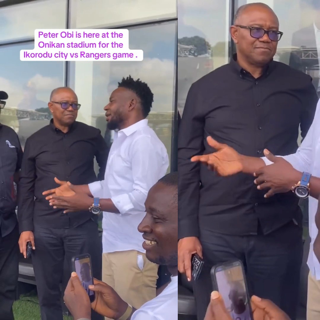 NDC presidential candidate, Mr Peter Obi, is currently at Onikan Stadium, Lagos State, watching match between Ikorodu City and Rangers FC.