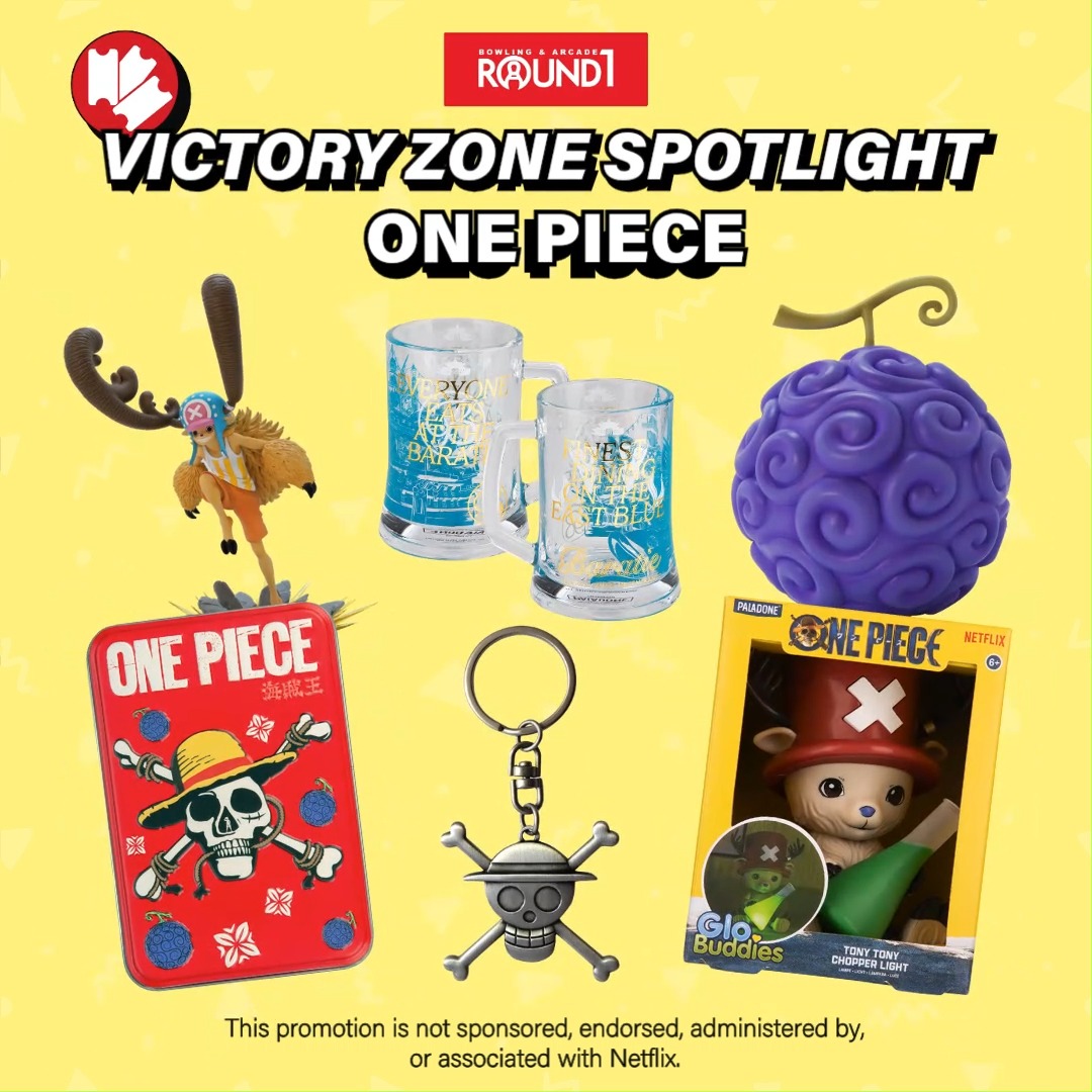 Did someone say more ONE PIECE? New treasure has landed at the Victory Zone! 🏴‍☠️ Claim the newest bounty with new ONE PIECE items featuring your favorite characters! 🟣ONE PIECE Gum Gum Fruit Replica ☠️ONE PIECE Keychain 3D "Skull Luffy" 🩵ONE PIECE Chopper SFC Figure 🍻ONE PIECE Glass Stein ♠️ONE PIECE Playing Cards in Tin 💡ONE PIECE Chopper Globuddies Light Redeem those tickets and set sail for treasure at the Victory Zone to claim your prizes! Click for more details! #Round1USA #round1 #ONEPIECE