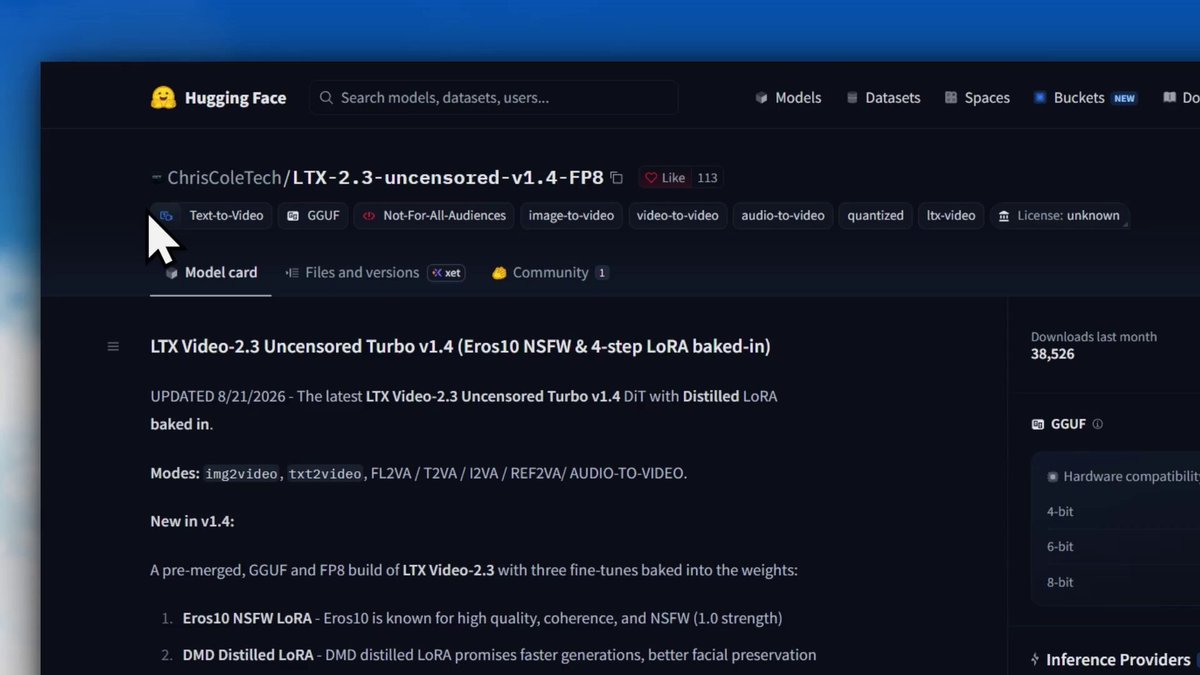 FOUND ANOTHER UNCENSORED LOCAL VIDEO MODEL 💀 This one comes with no restrictions for generating adult content. LTX 2.3 Uncensored: • 22B parameters • Supports text-to-video • Supports image-to-video • Runs locally through ComfyUI • Q4_K_M version is around 14GB HOW TO USE IT: Model: 1. Install ComfyUI 2. Install the required GGUF loader 3. Download the model and all required files 4. Import the included workflow 5. Enter your prompt and start generating Public examples are available in the video.
