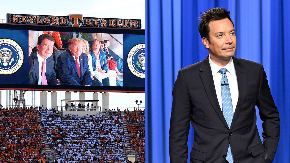 President Trump traveled to the University of Tennessee to attend the school’s football game against the Texas Longhorns. Finding Trump in the orange-clad crowd is like the hardest “Where’s Waldo?” of all time. #FallonTonight