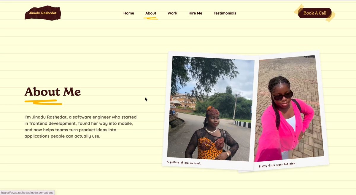 I saw another developer’s portfolio some weeks ago and I wanted to hire them even though I had no job offer. I knew I wanted something like that for myself. A portfolio that feels intentional and tells MY story. Built with Claude code Check it out 🔗: