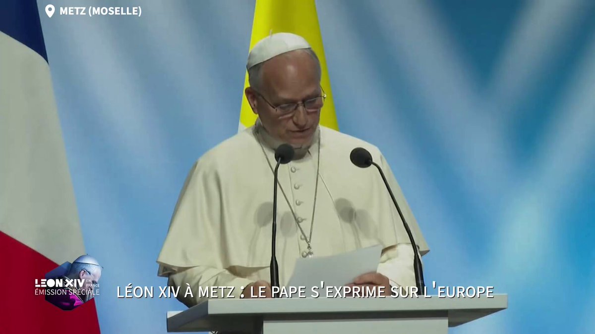 Le pape Léon XIV affirme qu'«on ne peut pas parler d'Europe sans évoquer le christianisme» Le pape Léon XIV est arrivé à Metz, troisième et dernière étape de sa visite en France où il doit notamment s'exprimer sur la paix et l'Europe.