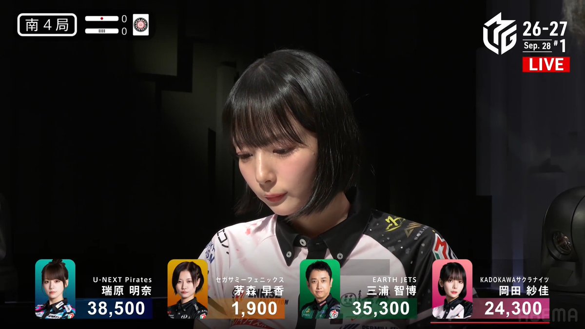 #Mリーグ 2026-27試合ダイジェスト📹 南4局 #岡田紗佳 選手の親跳満のアガリ! -白卓- 瑞原選手、三浦選手がアガればトップの聴牌! しかし親番岡田選手が門前ホンイツの聴牌で忍び込む! そして三浦選手から🀆を捉える! 18000のアガリでトップ目に浮上して連荘🌸 👇動画タップで今すぐ無料視聴