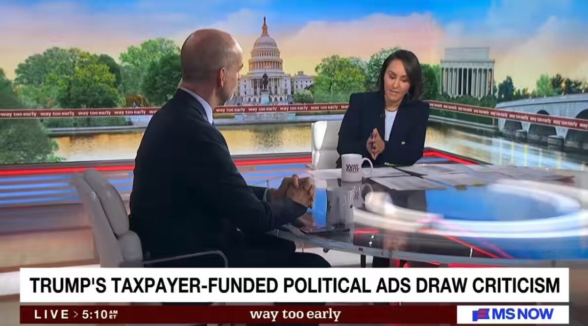 Shocking — even by current standards — to see a Trump campaign ad on-air with the disclosure: “Paid for by the U.S. Government.” It’s political propaganda on the taxpayers’ dime. Ali Vitali and I talked about it today: