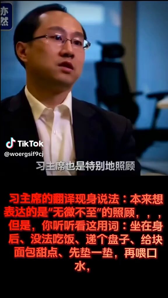 习主席的翻译现身说法：本来想表达的是＂无微不至＂的照顾，但是，你听听看这用词：坐在身后、没法吃饭、递个盘子、给块面包甜点、先垫一垫、再喂口水……我怎么感觉怪怪的。