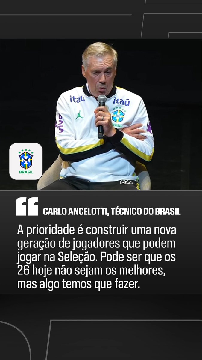 "A prioridade é construir uma geração para o futuro. Pode ser que os 26 jogadores de hoje não sejam os melhores, mas algo nós temos que fazer. Um jogador que não joga no clube e nós pensamos que é bom para o futuro da Seleção Brasileira, eu vou chamar." 🎙️ Ancelotti. 🎥 CBF TV | SportsCenter Brasil