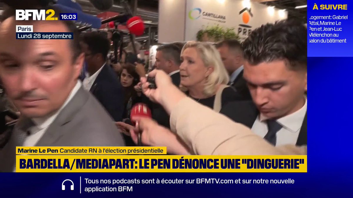Écrits antisémites attribués à Jordan Bardella par Mediapart : personne "ne peut croire à cette dinguerie", répond Marine Le Pen, interrogée lors d'une déambulation au salon Batimat #BFM2