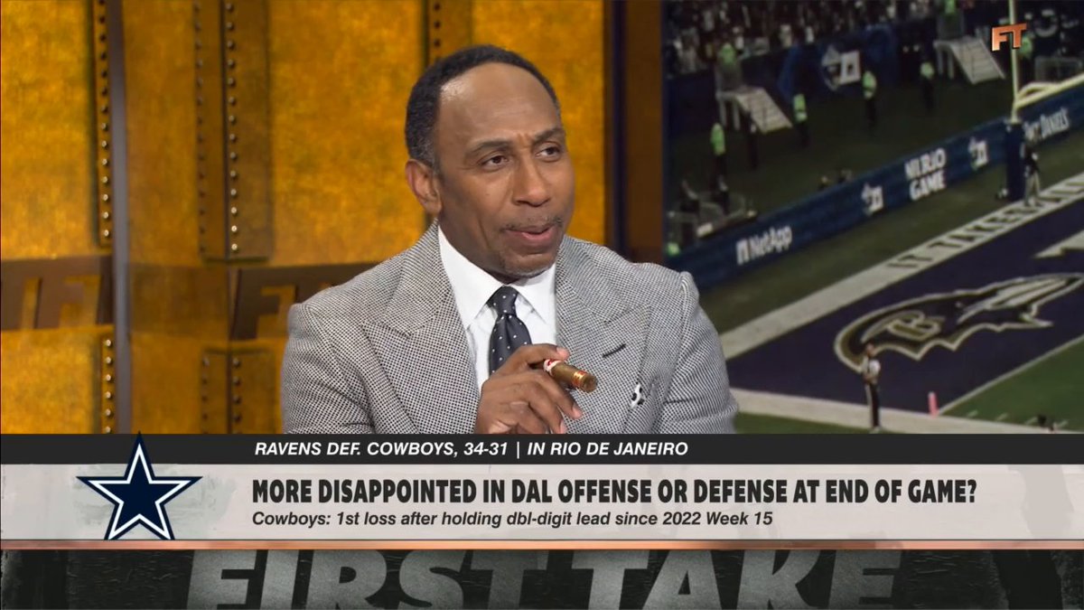 “It ain’t just one thing with the Dallas Cowboys. It’s everything. … Give it time. Just be patient. They ain’t gonna let me down!” —Stephen A Smith on the Dallas Cowboys losing to the Baltimore Ravens 👀