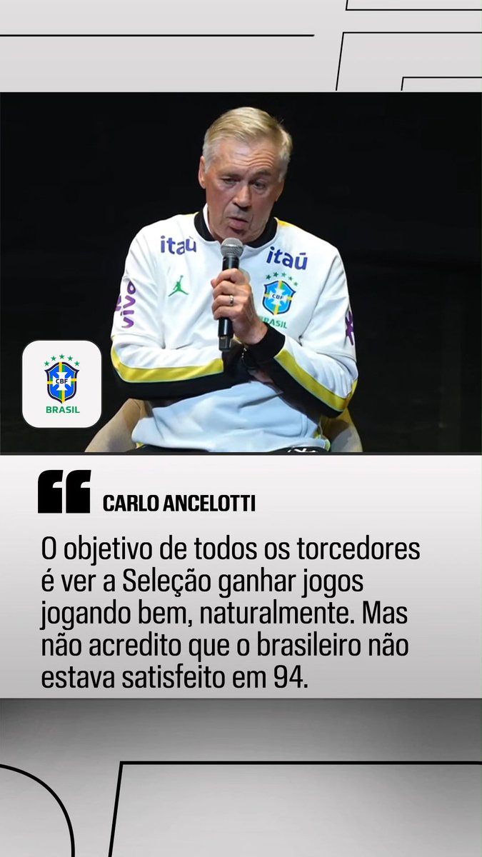 "O objetivo de todos é ver a Seleção ganhar jogos jogando bem, mas não acredito que o brasileiro não estava contente em 94. Temos jogadores para jogar o 'jogo bonito', mas o importante é ganhar o jogo." 🎙️ Ancelotti. 🎥 CBF TV | SportsCenter Brasil