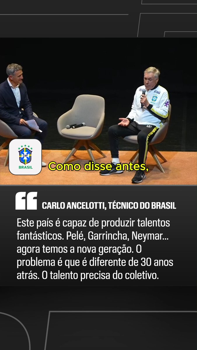 "Este país é capaz de produzir talentos fantásticos. Pelé, Garrincha, Neymar, Ronaldo, Romário, Kaká... Agora temos a nova geração, com Vinicius, Raphinha, Estêvão, Endrick... O problema é que hoje o talento é diferente de 30 anos atrás. Hoje, o talento precisa do coletivo." 🎙️ Ancelotti. 🎥 CBF TV | SportsCenter Brasil