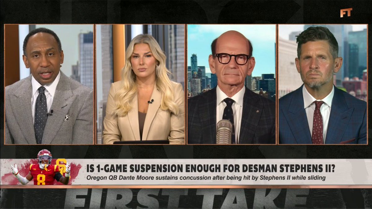 .Paul Finebaum, Stephen A Smith and Dan Orlovsky speak on Desman Stephens II's one-game suspension after his hit on Oregon QB Dante Moore.
