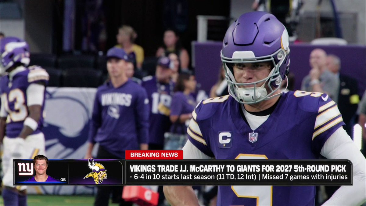 "There is a likelihood that at some point this season J.J. McCarthy will be starting for the Giants." Ian Rapoport gives us the latest reporting on the Vikings trading former first round pick J.J. McCarthy to the Giants 🏈
