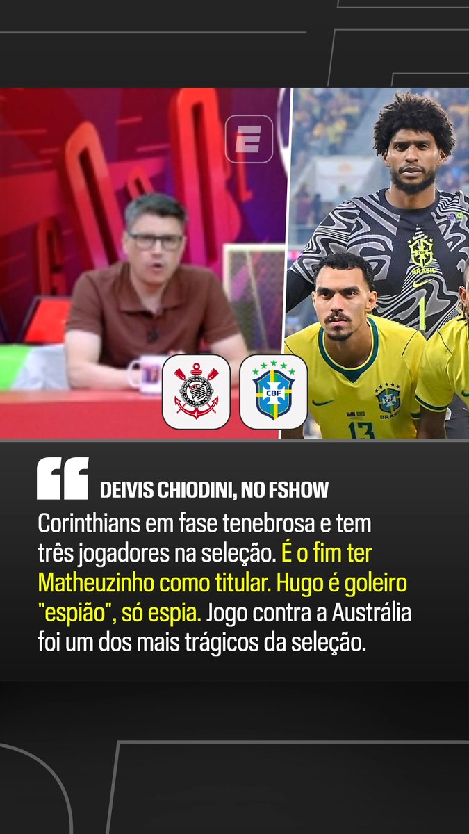 MODO SINCERÃO ATIVADO! 👀 Deivis Chiodini criticou algumas escolhas de Carlo Ancelotti, técnico da Seleção Brasileira. No FShow, o comentarista questionou a convocação de Hugo Souza, Matheuzinho e Breno Bidon, atletas do Corinthians, mesmo com o time vivendo uma sequência de sete derrotas e uma situação complicada no Brasileirão. Para Deivis, principalmente Matheuzinho, não deveria ser cogitado como lateral titular da Seleção Brasileira. #FutebolNaESPN #Brasil #Corinthians
