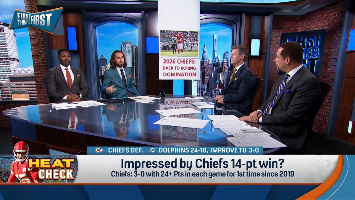 “Back to boring domination. They weren’t that good. It wasn’t that exciting of a game… I never ever worried that they were gonna lose.” nick wright dropped a banner in honor of the Chiefs 14-pt win over the Dolphins: