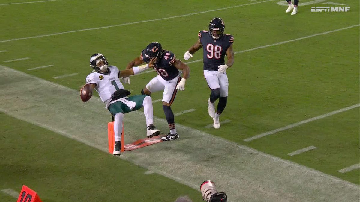 Chicago's D'Marco Jackson was assessed an unnecessary roughness penalty for this hit on Jalen Hurts.