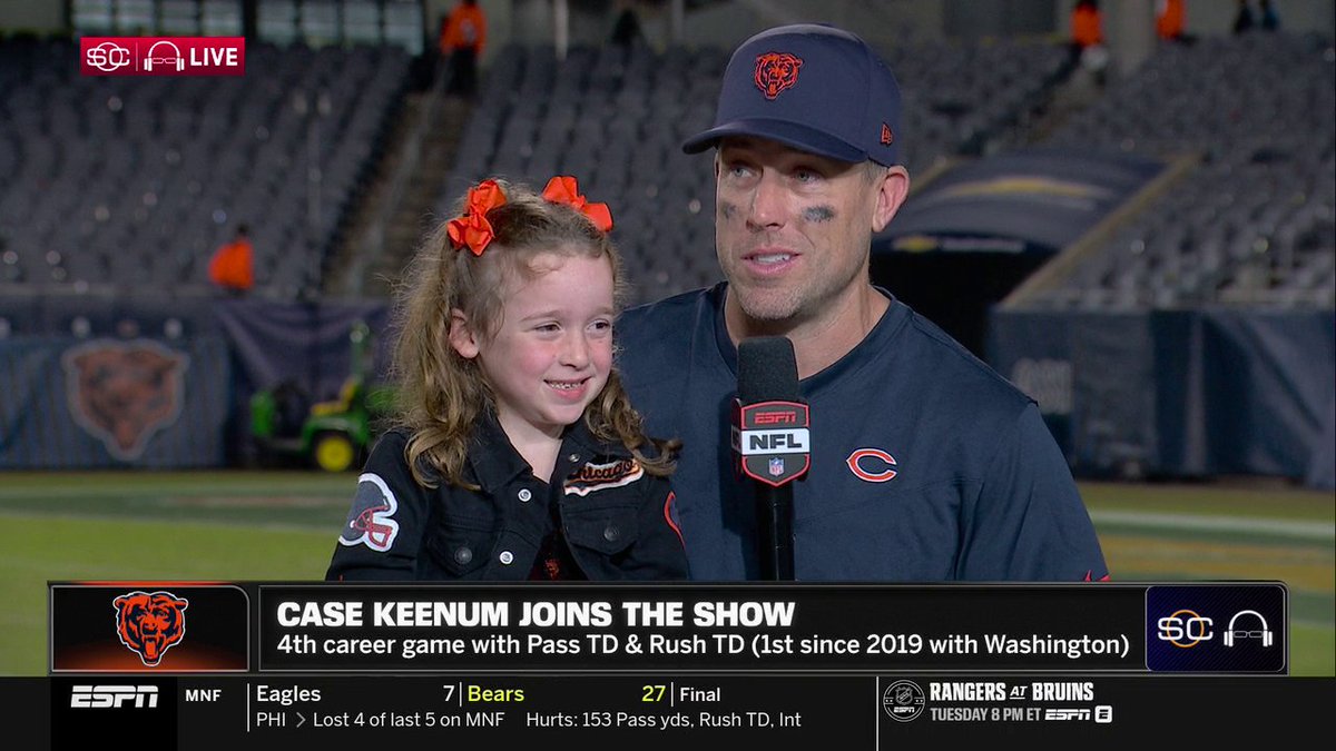 "It was so much fun. I'm going to remember this night forever. This is incredible." QB Case Keenum speaks with Scott Van Pelt after getting the start in the Bears' 27-7 win vs. the Eagles 🏈