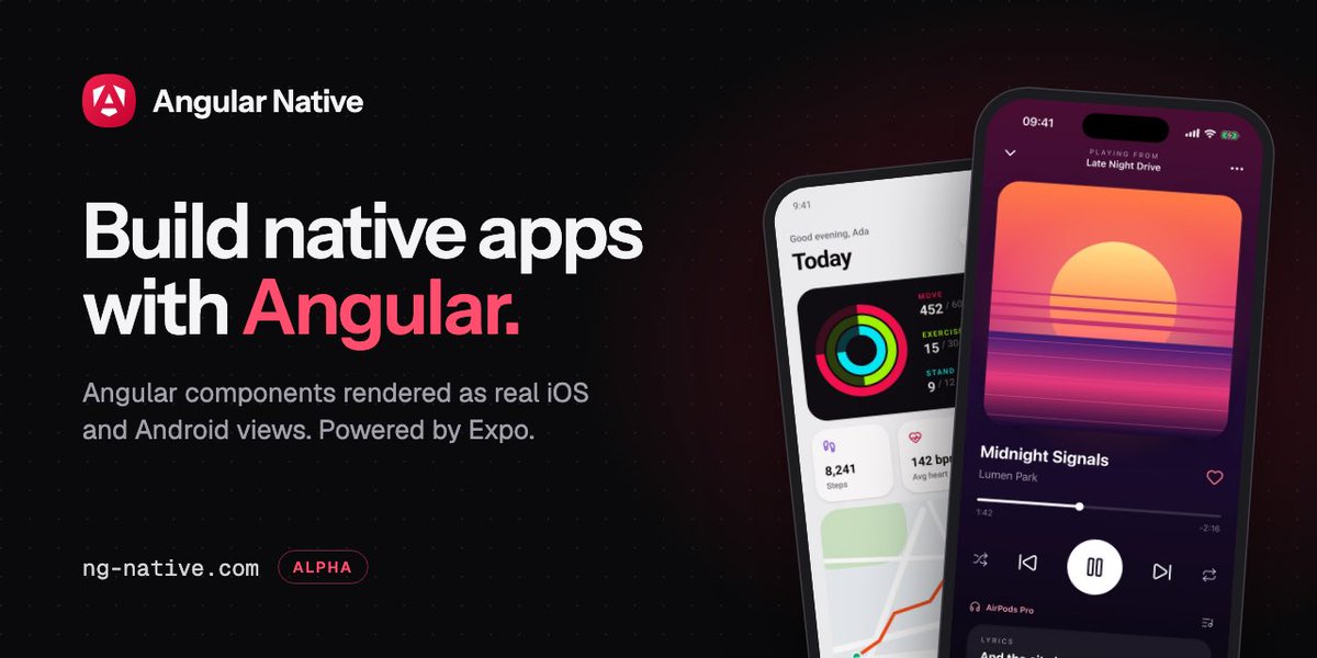 🚀 Introducing Angular Native The stunning developer experience and ecosystem of Expo, using the Angular framework you already know and love. • Real native iOS & Android • Expo SDK & ecosystem • Angular components, signals & DI • CSS & Tailwind out of the box