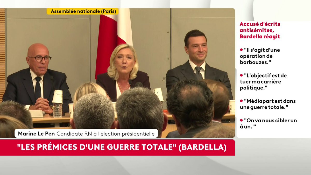 "Nous allons contre-attaquer et saisir la justice mais nous allons aussi démonter cette manipulation, et nous saurons qui est derrière cette manipulation", assure Marine Le Pen, candidate RN à la présidentielle, à la suite de l’enquête Médiapart sur Jordan Bardella. #canal16