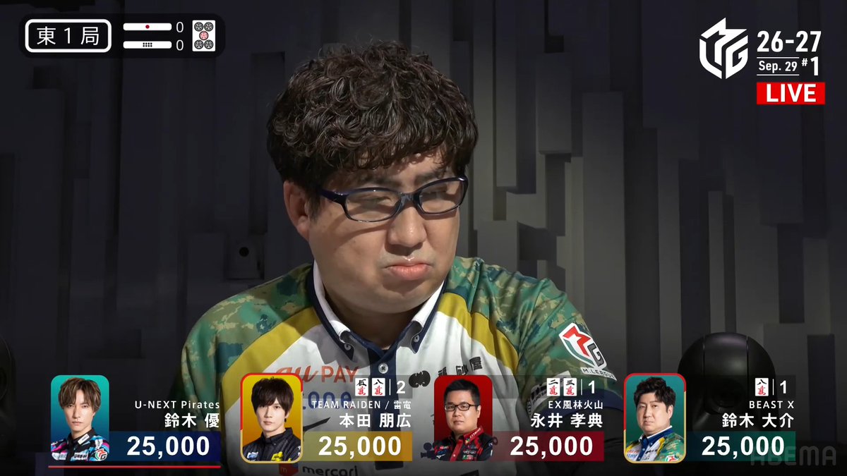 #Mリーグ 2026-27試合ダイジェスト📹 東1局 #鈴木大介 選手の跳満のアガリ! -白卓- 本田選手が🀋🀎、大介選手がカン🀎待ちのリーチ! 永井選手がマンズホンイツ🀈🀉待ちで聴牌が入るも 🀎が捕まる! アタマハネで大介選手が12000のアガリを決めて一歩リード! 👇動画タップで今すぐ無料視聴