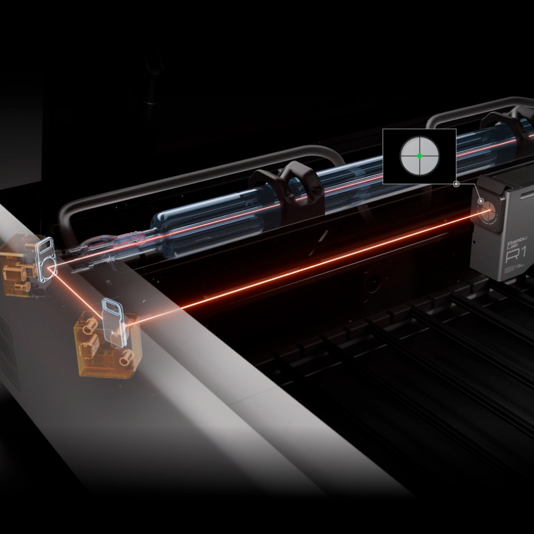 Aligning a laser used to mean test shots and a lot of guessing. On R1, one sensor handles it. Mount it on the toolhead and the beam corrects itself in about a minute. Precision without the wait.