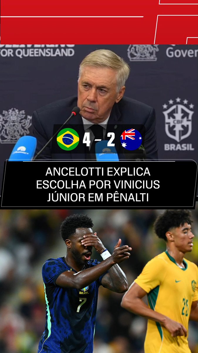 Ancelotti, sobre Vini Jr ter batido o pênalti em Austrália 2x4 Brasil: "O Bruno já havia marcado gol e eu achei que o Vini merecia marcar um gol. Ele bateu bem e marcou." 🎥 Reprodução/CBF TV | SportsCenter Brasil