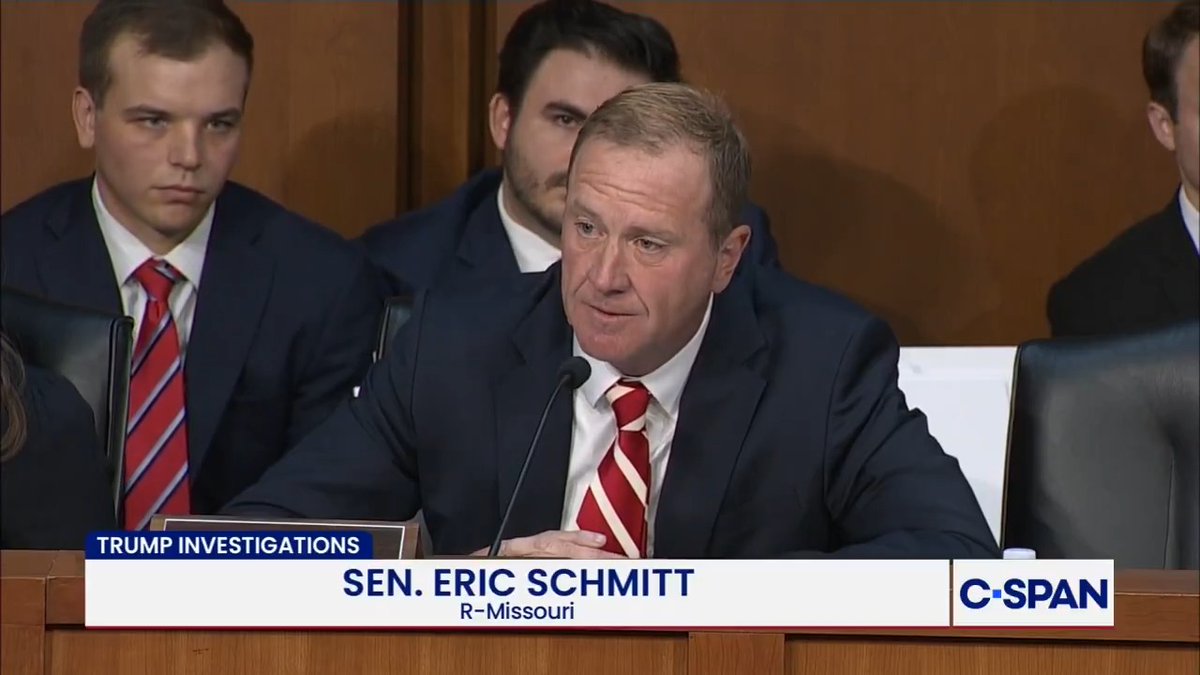 Sen. Eric Schmitt (R-MO) says Jack Smith perjured himself after questioning him about being at a basketball game, insinuating that during that time he was actually meeting with a district attorney who prosecuted President Trump, calling him a "total dirtbag."