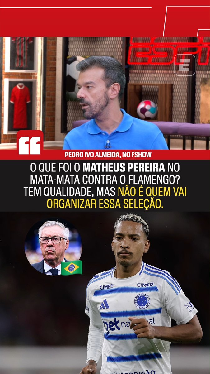 "O que foi o Matheus Pereira no mata-mata (da Libertadores) contra o Flamengo? Ele oscila bastante, erra bastante. Tem qualidade, mas não é quem vai organizar essa Seleção Brasileira." 🎙️ Pedro Ivo Almeida, na ESPN. 🎥 ESPN Brasil | SportsCenter Brasil