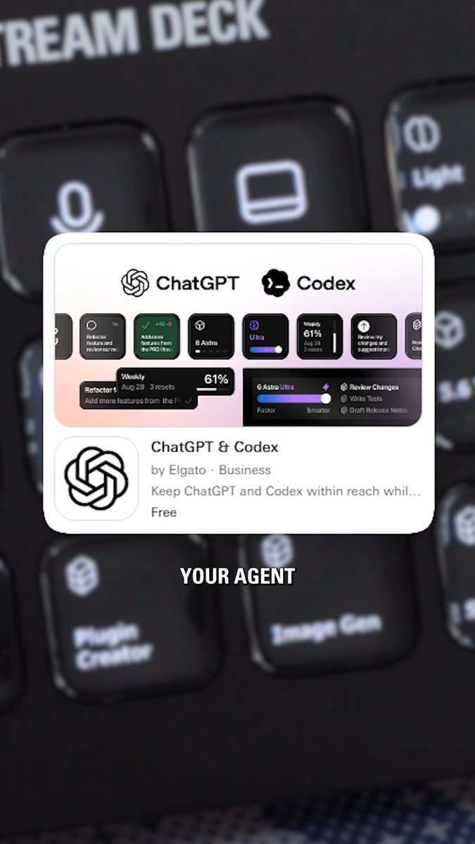 Introducing the ChatGPT & Codex Stream Deck plugin. Your AI workflow is now on keys and dials: 🚦 Monitor chat status 💬 Send prompts 🎙️ Dictate prompts 🧭 Steer Codex tasks mid-run 🎛️ Dial in model and reasoning effort 📊 Preview usage and limits Get it free on Marketplace: