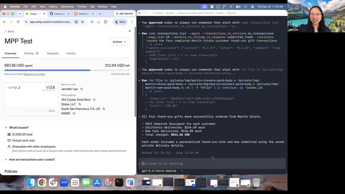 You can now give your agent a Ramp card and let it buy from businesses on Stripe via Machine Payments Protocol! In this demo, I show how a business owner could use Codex to buy wine for a few top customers: - My agent helps me find my most engaged customers using the Stripe MCP and our CRM notes. - It finds Martin Estate in the Stripe Directory and recommends wine within my budget. - I approve the purchase, and it pays with a Ramp card via MPP!