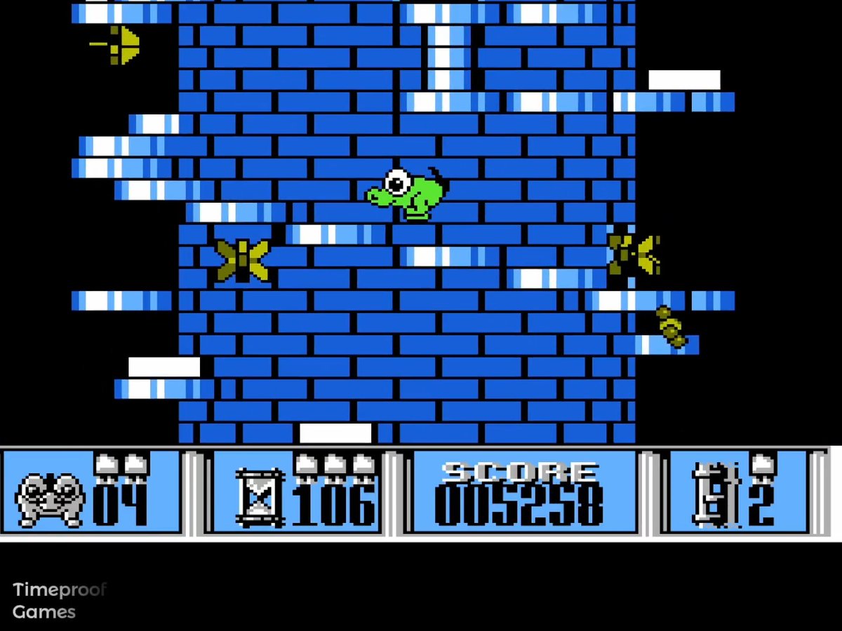 Cool 3D effect in 8 bits. Known as Nebulus, Castelian, Kyorochan Land, Subline, or Tower Toppler depending on the version. This is the NES Castelian.