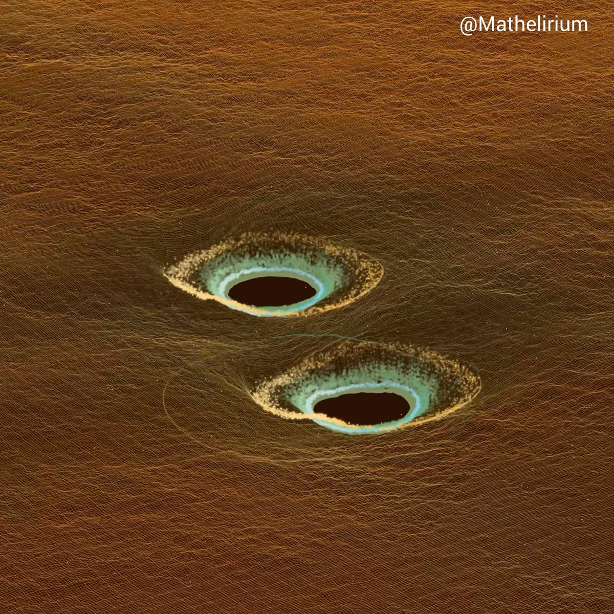 Two Black Holes spiral faster and faster as gravitational waves drain their orbital energy. The final orbit becomes a violent terminal chirp, the horizons merge, spacetime rings down, and one rapidly spinning black hole remains.