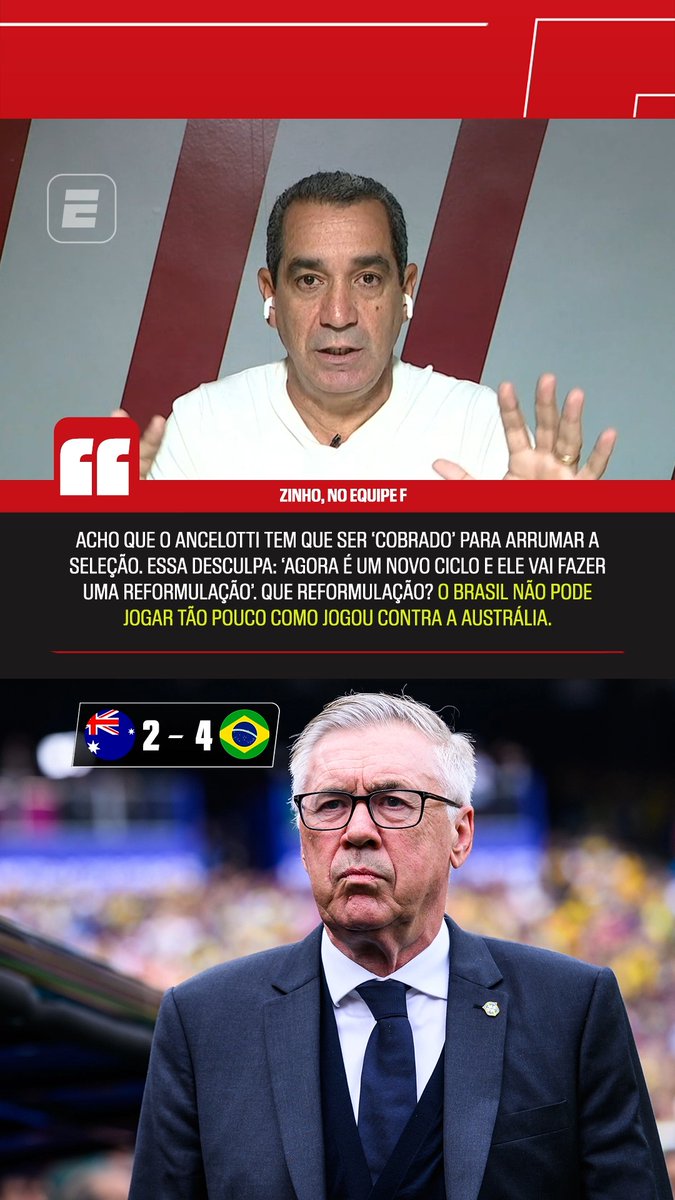 "Ancelotti tem que ser 'cobrado' para arrumar a Seleção Brasileira. Essa desculpa: 'agora é um novo ciclo e ele vai fazer uma reformulação'... Que reformulação? O Brasil não pode jogar tão pouco como jogou contra a Austrália!" 🎙️ Zinho, na ESPN. 🎥 ESPN Brasil | SportsCenter Brasil
