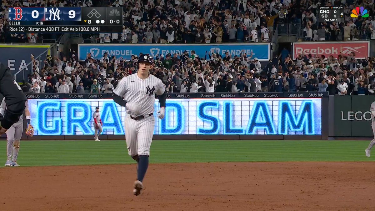BEN RICE GRAND SLAM SECOND HOMER TONIGHT YANKEES LEAD BOSTON 9-0!