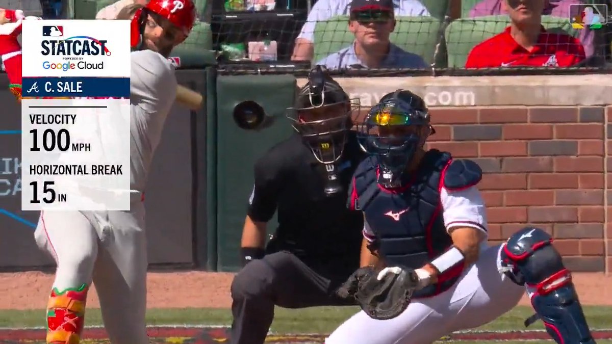 "Here it is, hit it." Chris Sale offers 100 mph right down Broadway to Bryce Harper (MLBStats x @GoogleCloud)