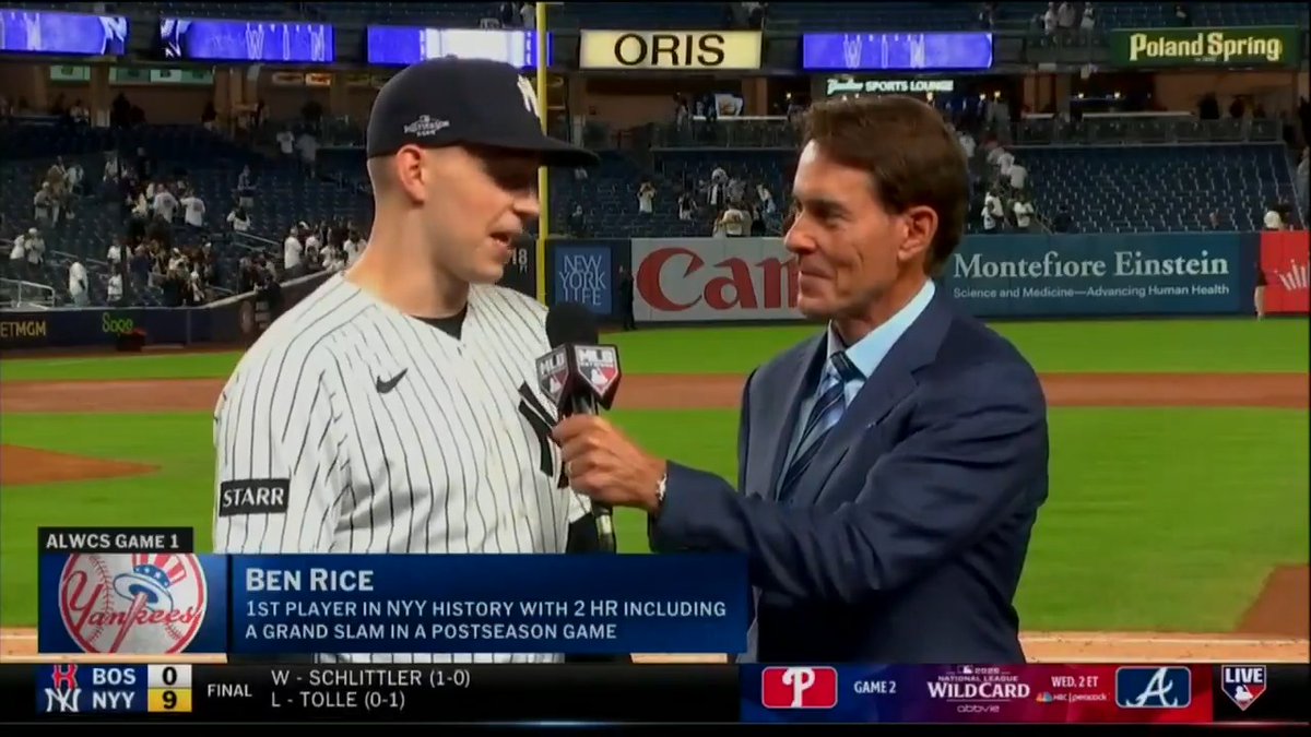 Ben Rice joins Tom Verducci after collecting 6⃣ RBI, tying the New York Yankees record for most in a Postseason game 👏 "It's the same approach as always... just doing anything I can to push at least one run across."