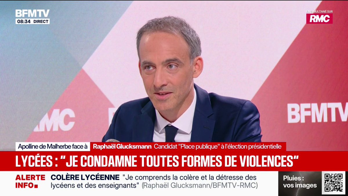 "La violence n'est jamais légitime en démocratie", déclare Raphaël Glucksmann, candidat "Place publique" à l'élection présidentielle