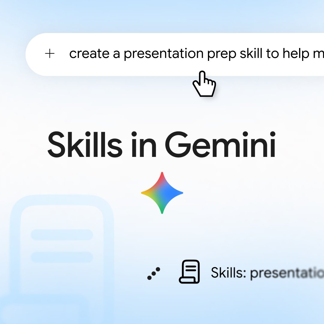Skip the repetitive prompting and jump straight to the results with skills in Gemini. Skills are saved sets of instructions for specific tasks that you do time and time again. Think of a skill like a shortcut, ready whenever you need it. 🧵