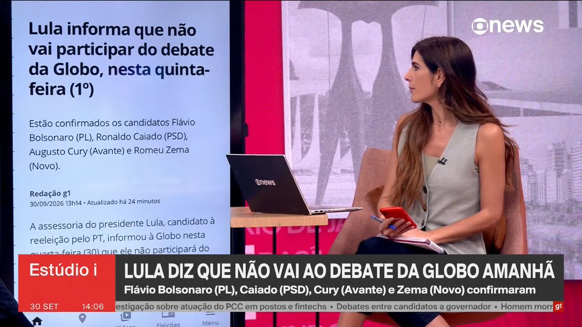 Assessoria confirma que Lula não participará do debate que será realizado pela TV Globo nesta quinta-feira (1º). ➡️ #Estúdioi - de segunda a sexta, às 13h, na #GloboNews. Assista na TV e no Globoplay