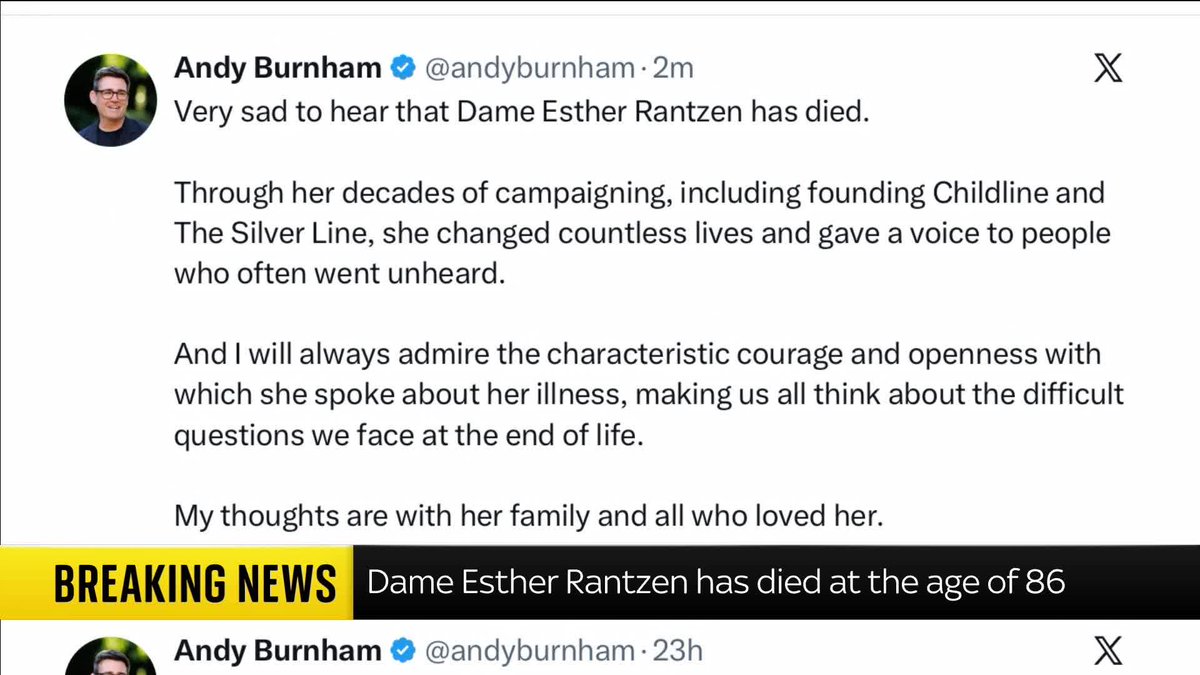 'She gave a voice to people who often went unheard' The prime minister has paid tribute to Dame Esther Rantzen, who has died at the age of 86. ⬇️ Tributes pour in after Dame Esther Rantzen's death | The UK Tonight with Sarah-Jane Mee: