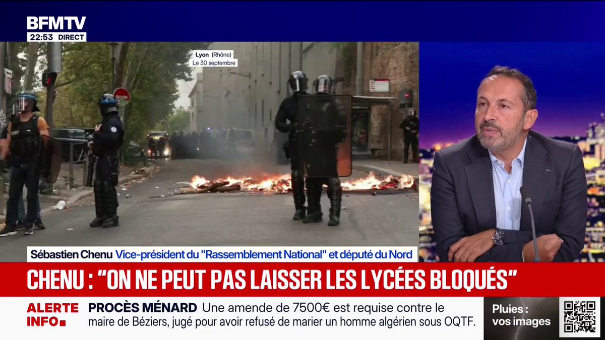 Sébastien Chenu, vice-président du Rassemblement national, estime que les familles des lycéens auteurs de violences doivent "éventuellement être sanctionnées"