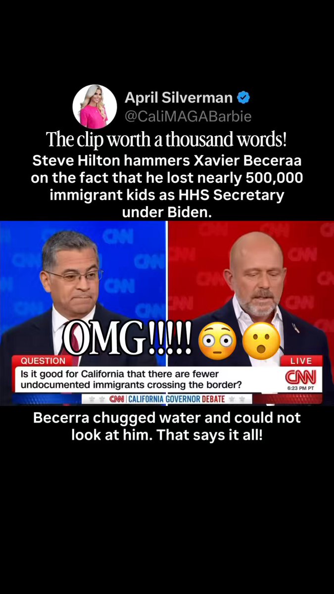 This clip is worth a thousand words! Steve Hilton looked Xavier Becerra in the eye and did not blink. Becerra ran HHS under Biden. Nearly 500,000 unaccompanied migrant kids went through his Office of Refugee Resettlement. Steve Hilton just said what the record shows. Thousands sent to traffickers. Hundreds of thousands still missing. A hundred thousand of them under ten. Xavier Becerra chugged water and could not look at him. Hilton: “You sent thousands of young children directly into the clutches of child sex and labor traffickers. Hundreds of thousands of children that you were responsible for are still missing today. So I cannot believe that you haven’t apologized.” This is the man Democrats want running California.