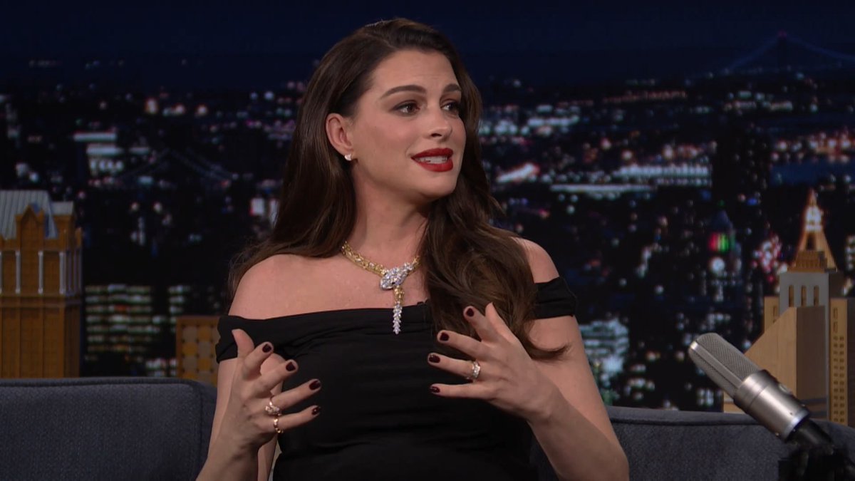 “It’s a pleasure to play a character who’s very wealthy and has expensive nightgowns and cashmere socks.” -Anne Hathaway on starring in her new film Verity 😂 #FallonTonight