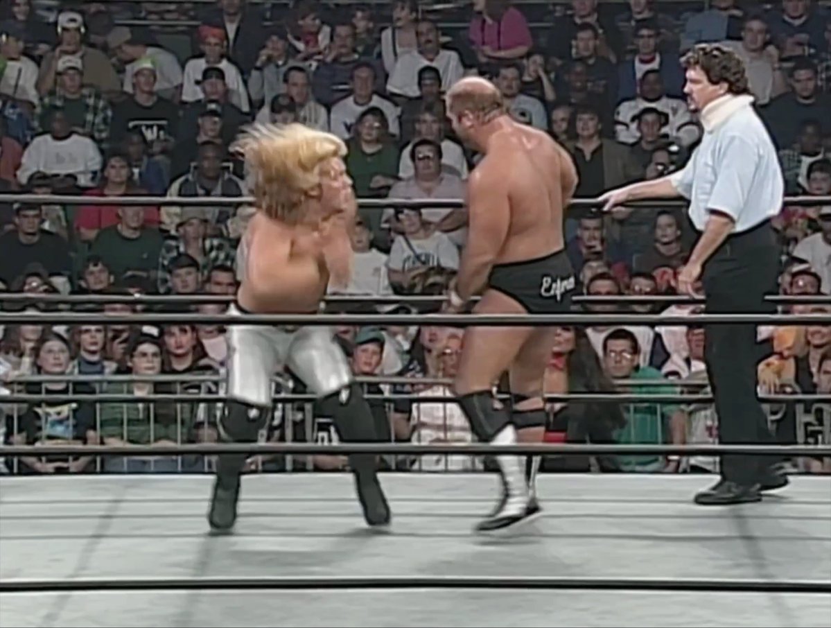 #OnThisDayInWWE 30 years ago (yesterday) on Nitro: A young Chris Jericho vs veteran Arn Anderson But hey, let's talk all over it, about Eric Bischoff and the nWo... But that pop for the DDT! And Woman looking cool AF