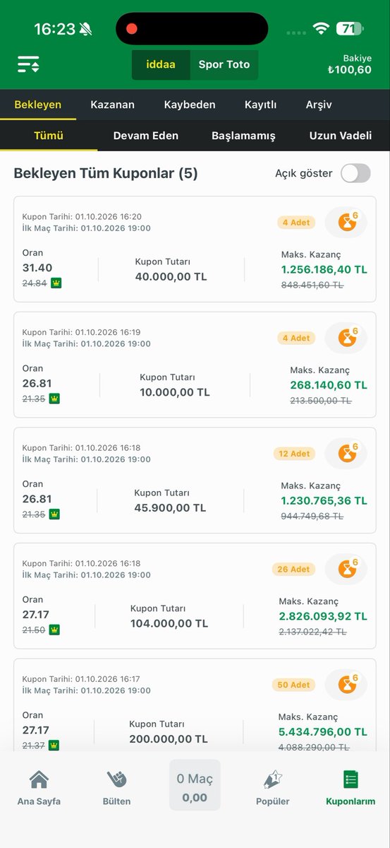 Evet büyük gün.. 11 Milyon₺ için ⏳ Ben kazanırsam sizede 7 Kişiye 70.000₺🎁 Toplam 400.000₺ Bahis aldım bu kupona. 7 Kişi bu posta kuponla alakalı görüşünü Bildiren ve beğenenler arasından seçilcek. Her zamanki gibi Ekran kaydıyla, şeffaf ! TEKRAR SÖYLÜYORUM HEP SÖYLÜYORUM. TOLİ OYNAMADIĞI KUPONU PAYLAŞMAZ ! BÜZÜĞÜ YETEN BÖYLE PAYLAŞIR !!! EKRAN KAYDINI AÇAR KUPONU OYNAR.