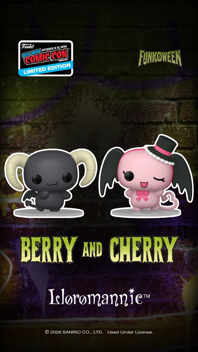 Cute and mischievous 🖤🩷 Be one of 1,000 fans to collect the exclusive Limited Edition – LEGENDARY POP! 2-Pack of the Lloromannic Berry & Cherry to complete your Sanrio collection, available only at the Funko booth during NYCC.